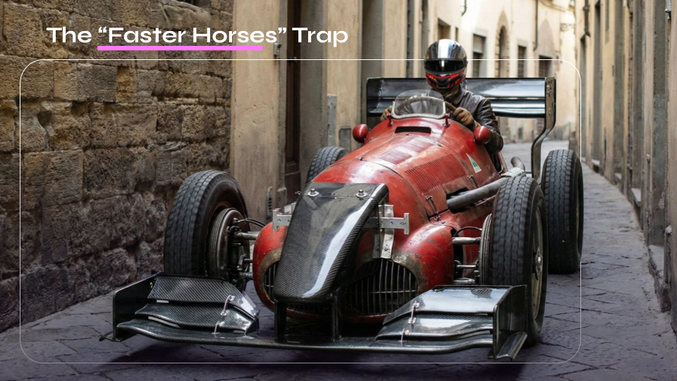 A vintage red racing car squeezed into a narrow stone alleyway, illustrating “The Faster Horses Trap” concept about upgrading old systems instead of rethinking them.