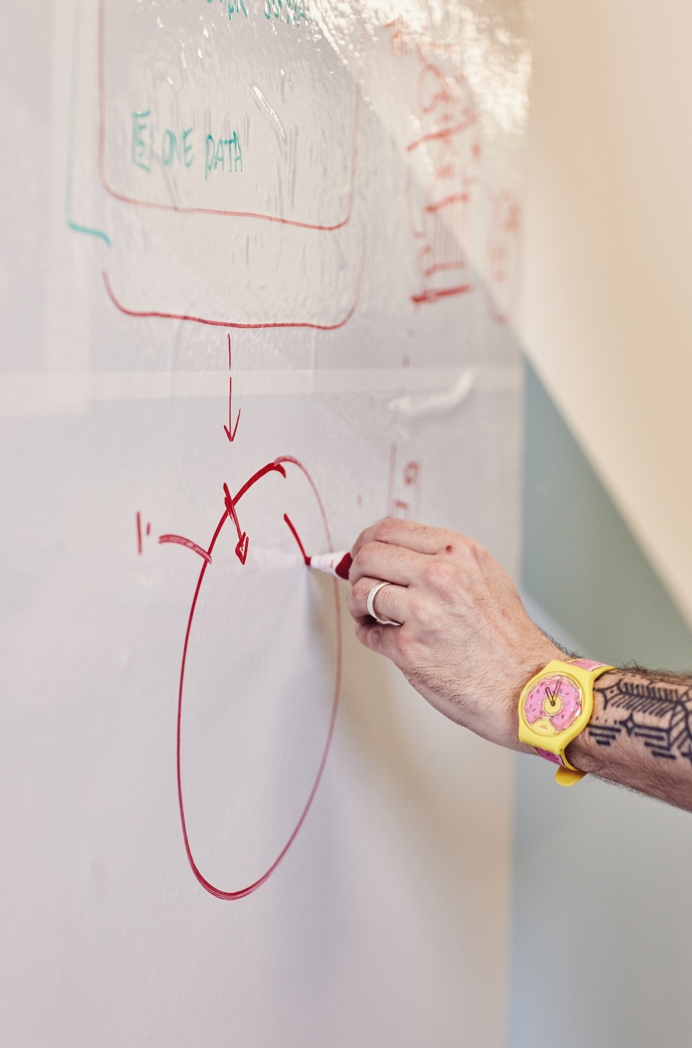 A hand noting down ideas on a whiteboard with a red marker pen.