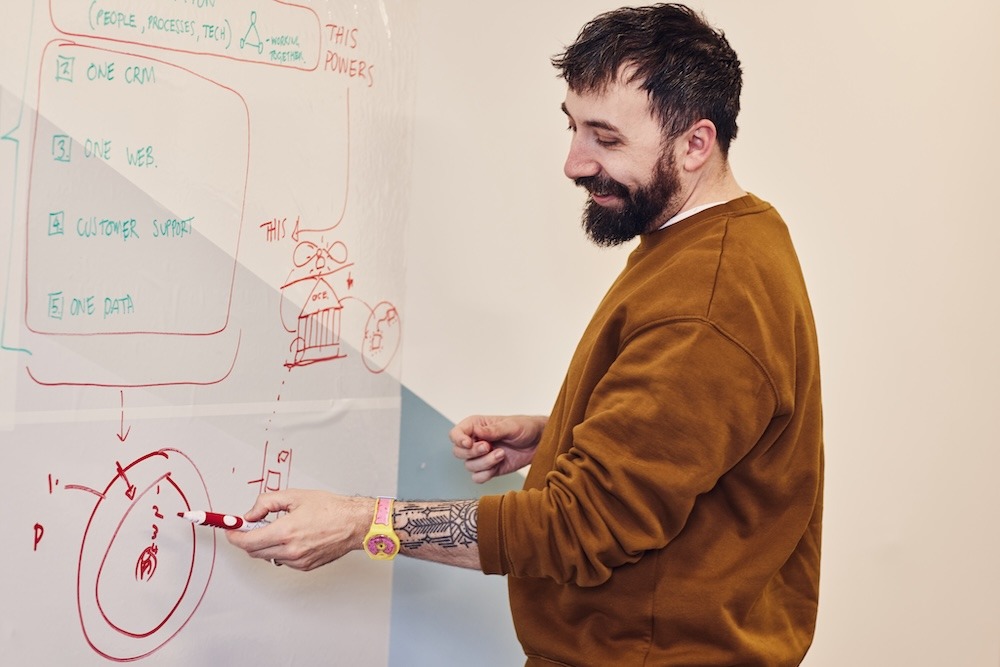 A man in an orange jumper writing down ideas on a whiteboard with a red marker pen.